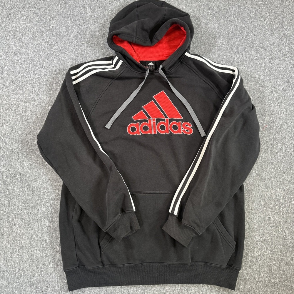 Adidas Hoodie XL Black Red 3 Stripe Pullover Sweatshirt Mens Athletic Logo Y2K